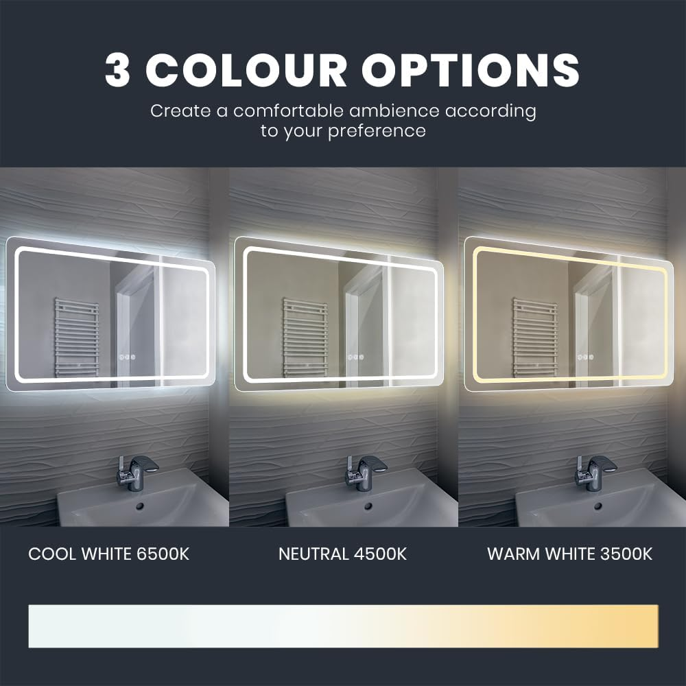 Simplus LED Wall Mirror Bathroom Mirrors for Wall Mounted Anti-Fog 3 Colors Dimmable Lighting Smart Touch Switch Vanity Makeup Mirror 120X70Cm image number 4