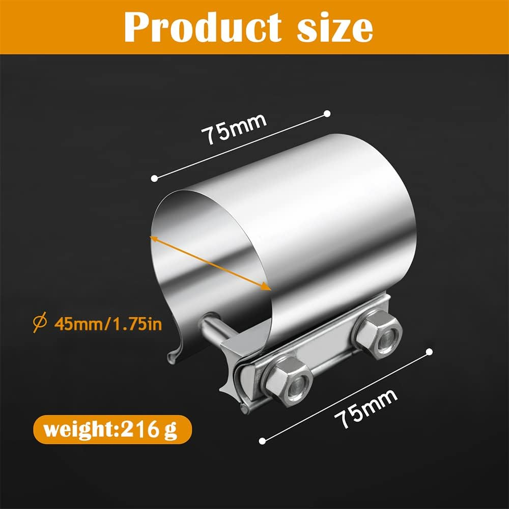 Tnuocke 1.75" Butt Joint Band Exhaust Seal Clamp Sleeve,45Mm Stainless Steel Exhaust Sleeve Band for Exhaust Pipe, Muffler,Manifolds,Coupler H-031-45 image number 2