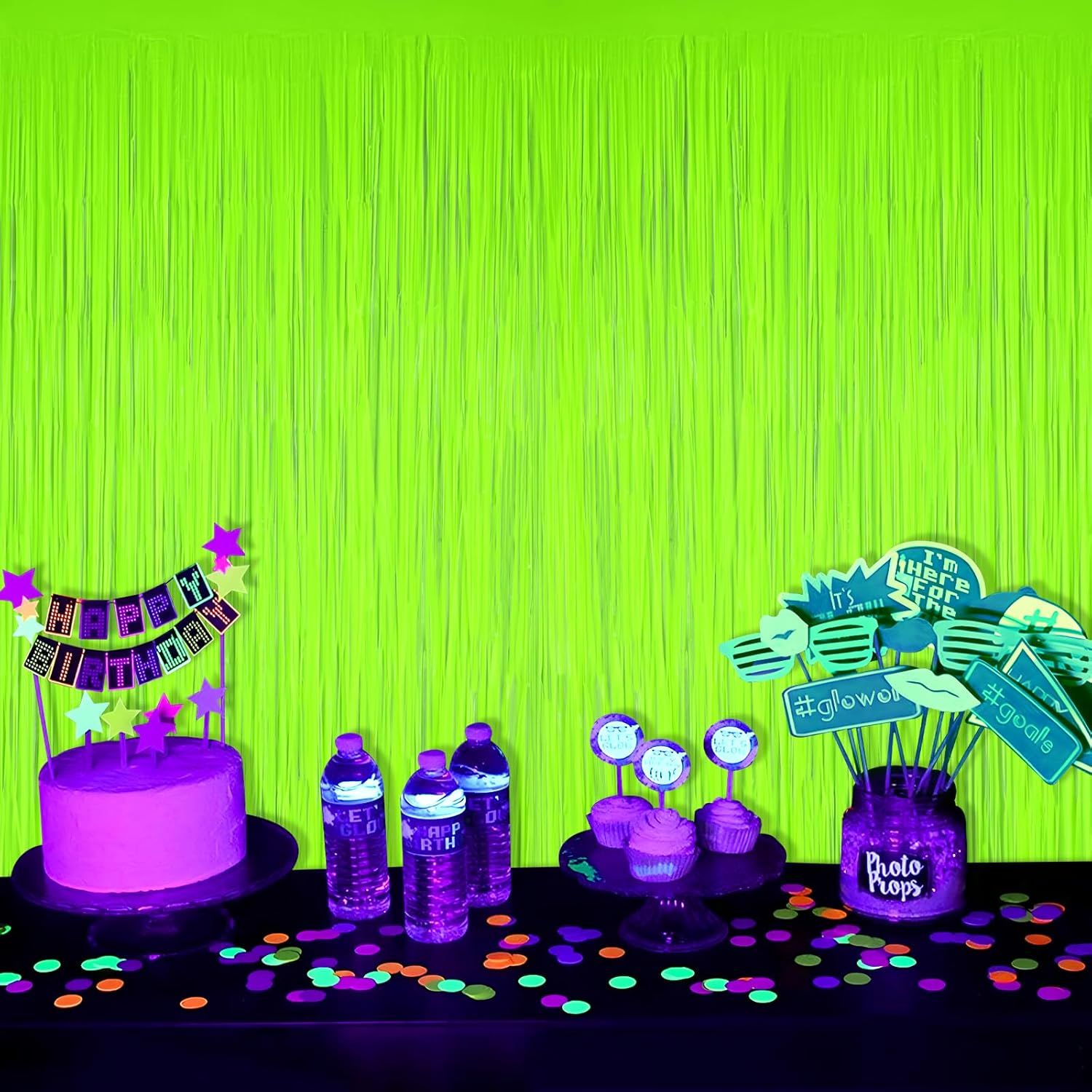 Mega-L Glow in the Dark Party Supplies, 2 Pack Neon Party Decorations 6.6 X 6.6 Ft Fluorescent Macaron Yellow Tinsel Foil Fringe Curtains, Photo Booth Prop Backdrop Streamer, Blacklight Decorations image number 5