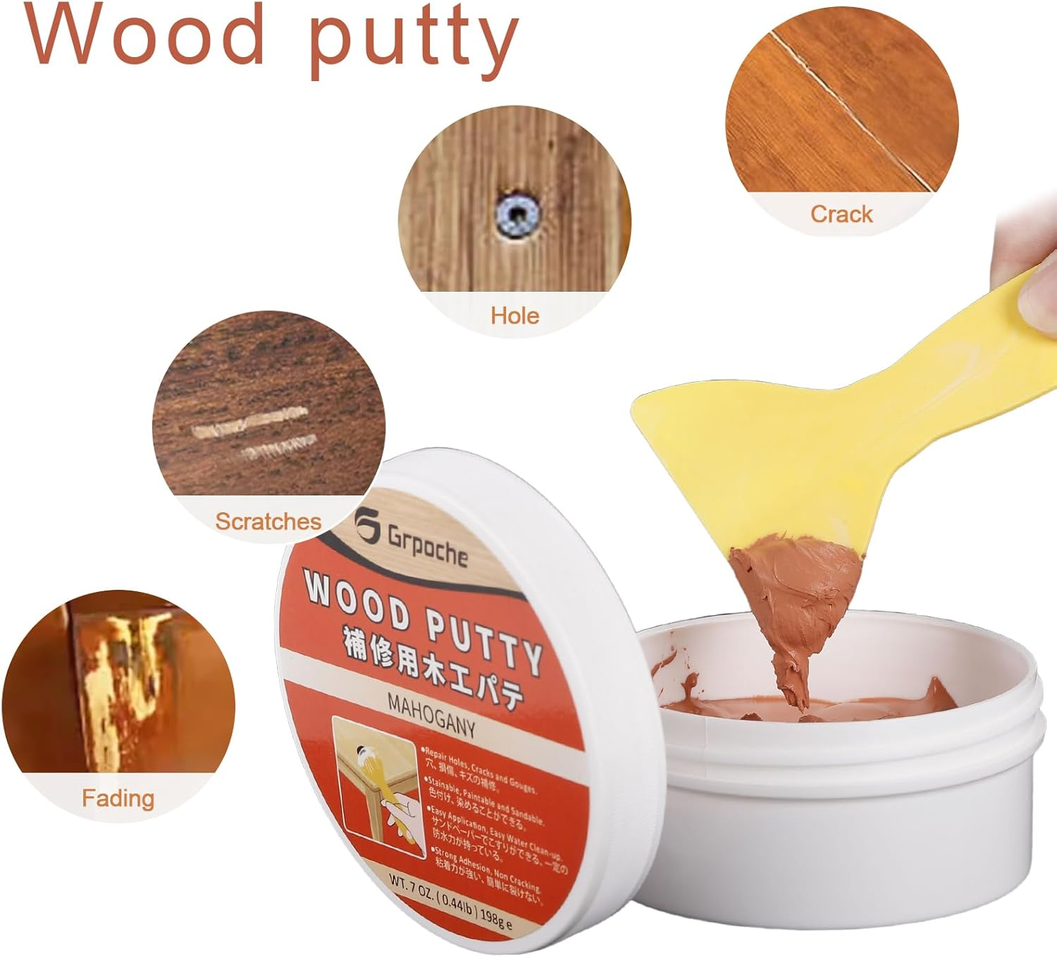 Wood Filler 200G Putty - Water-Based, Paintable, Stainable Premium Repair Kit for Door Trim, Table, Cabinet, Floors (Mahogany) image number 5