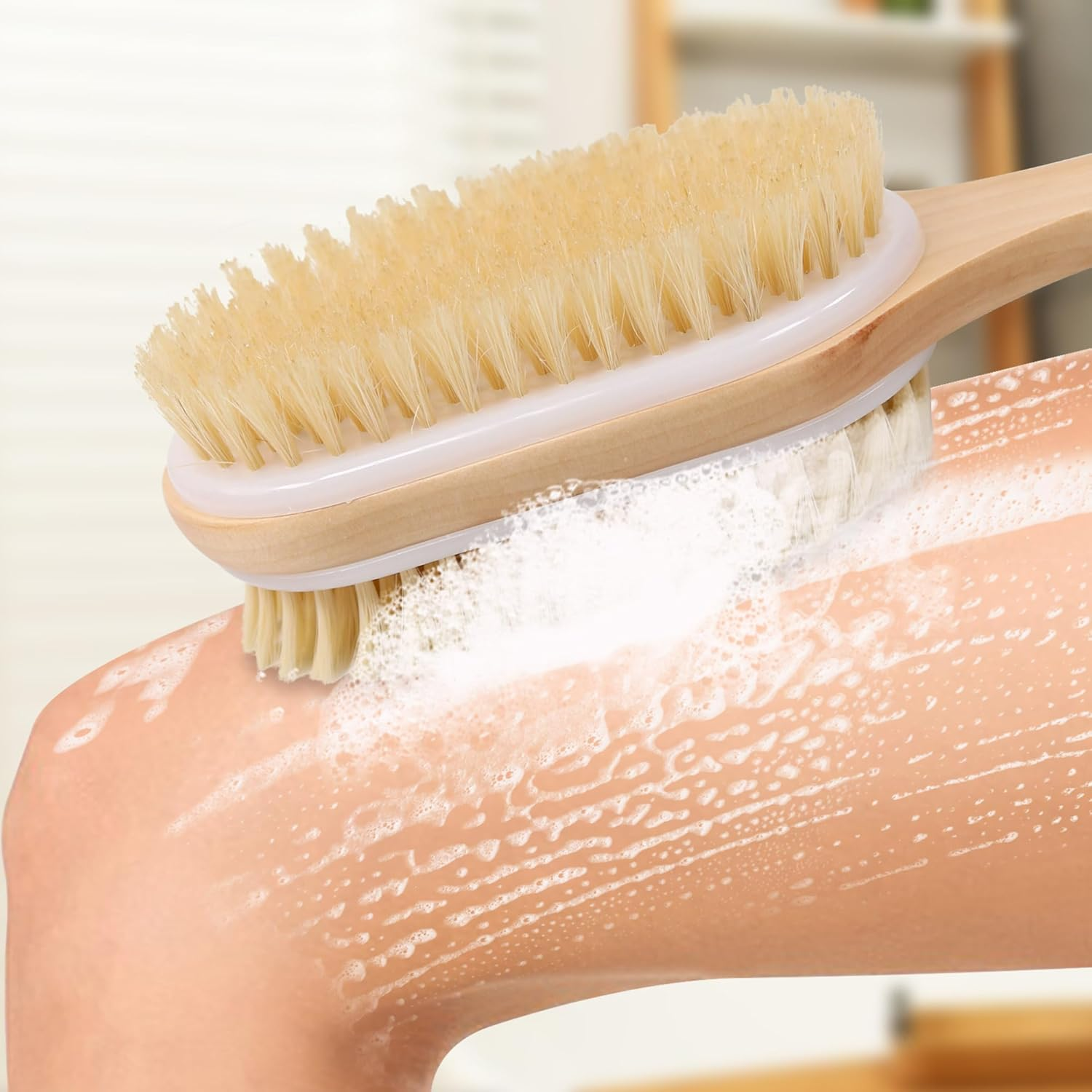 OWIIZI Back Scrubber for Shower with Soft and Stiff Boar Bristles Dual-Sided Wooden Long Handle Antiskid Body Bath Brush for Back Use Wet or Dry,Deep Cleanse Large Surface Back Scrub Brush image number 5