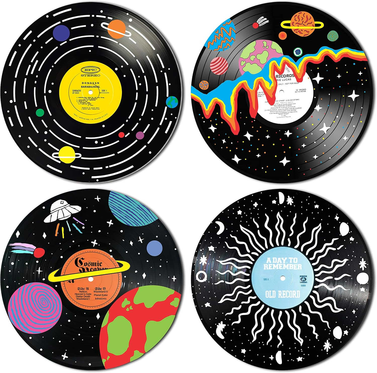 HK Studio Vintage Decor Records for Wall Aesthetic 11.4'' Pack 4 - PVC, Actual Vinyl Size Indie Record Dorm, Boy & Girl Room Hippie Multicolor image number 2