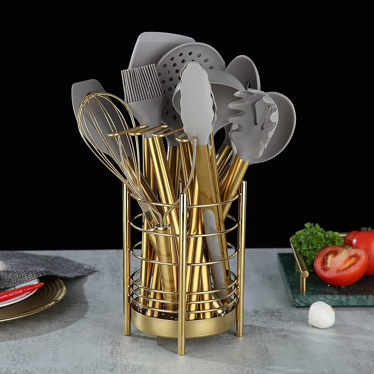 Gold Kitchen Utensil Holder for Kitchen Counter, Stainless Steel Utensil Crocks, Gold Titanium Coating Utensil Storage Caddy Organizer, Cooking Utensil Holder, Easy Cleaning (Gold/7.4''X5.2'') - 2. Black image number 7