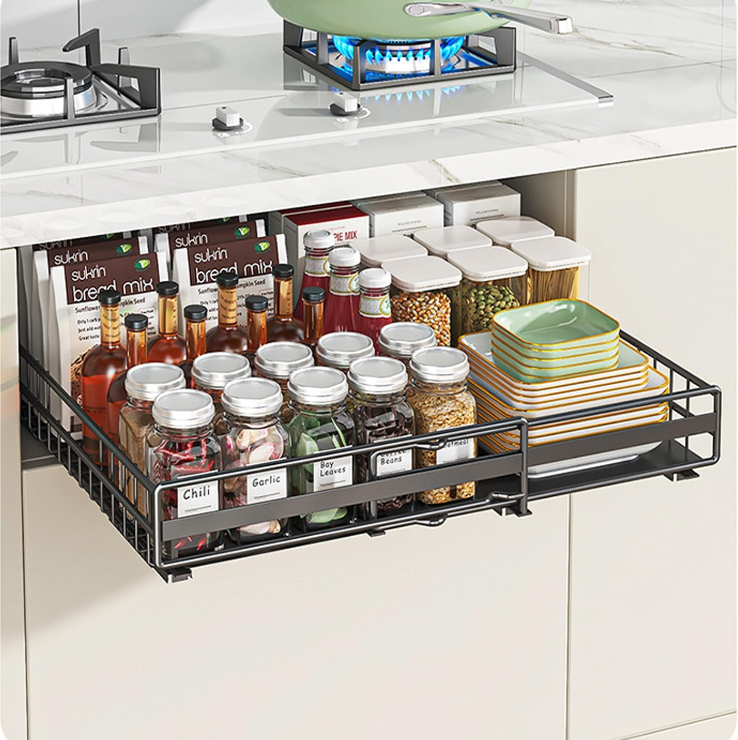 Pull Out Drawers for Cabinets Expandable, 2 Pack Pull Out Cabinet Organizer Adhesive, Slide Out Drawers Shelves for Kitchen Cabinets Organization Adjustable Width 12.2-20.7In image number 1