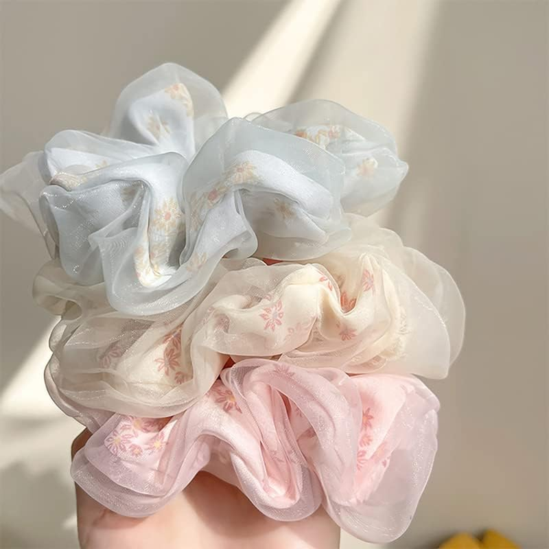 Daisy Scrunchies Hair Elastics for Women Girls Organza Hair Scrunchies with Daisy Flower Hair Rubber Bands for Thick Hair Styling Accessories 3 Pcs image number 2