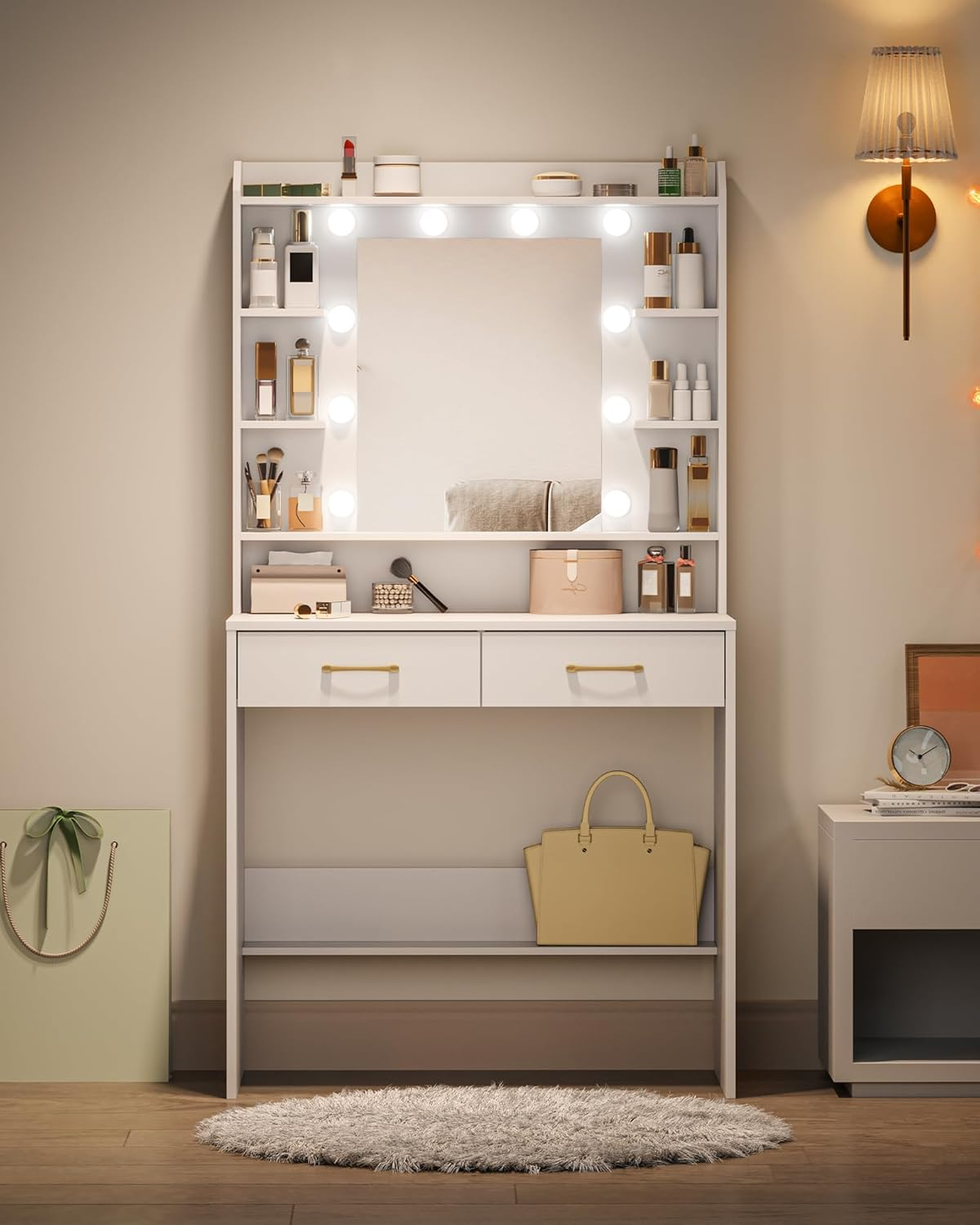 Hzuaneri Vanity Desk with Mirror and Led Light, Adjustable Brightness, Dressing Table with Shelves and 2 Drawers, for Bedroom, 40 X 80 X 149 Cm, White DT08203XAU image number 5