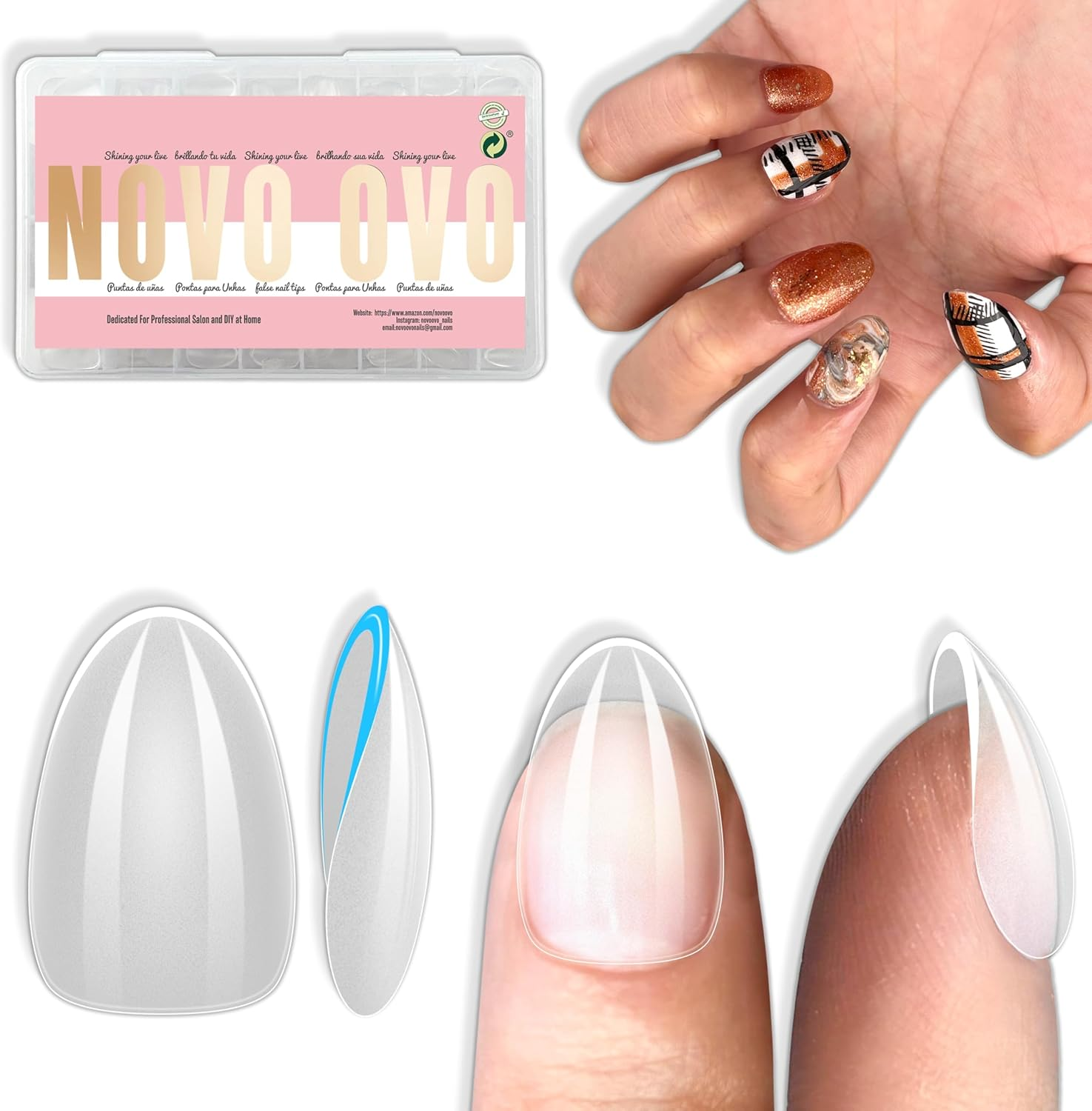 NOVO OVO Extra Short White French Tip Almond Nail Tips, Press on Baby Pink, Thick Short Almond Nail Tips, Soft Gel Nails for Extension, Need Builder Gel for DIY X 16 Sizes, Pack of 224