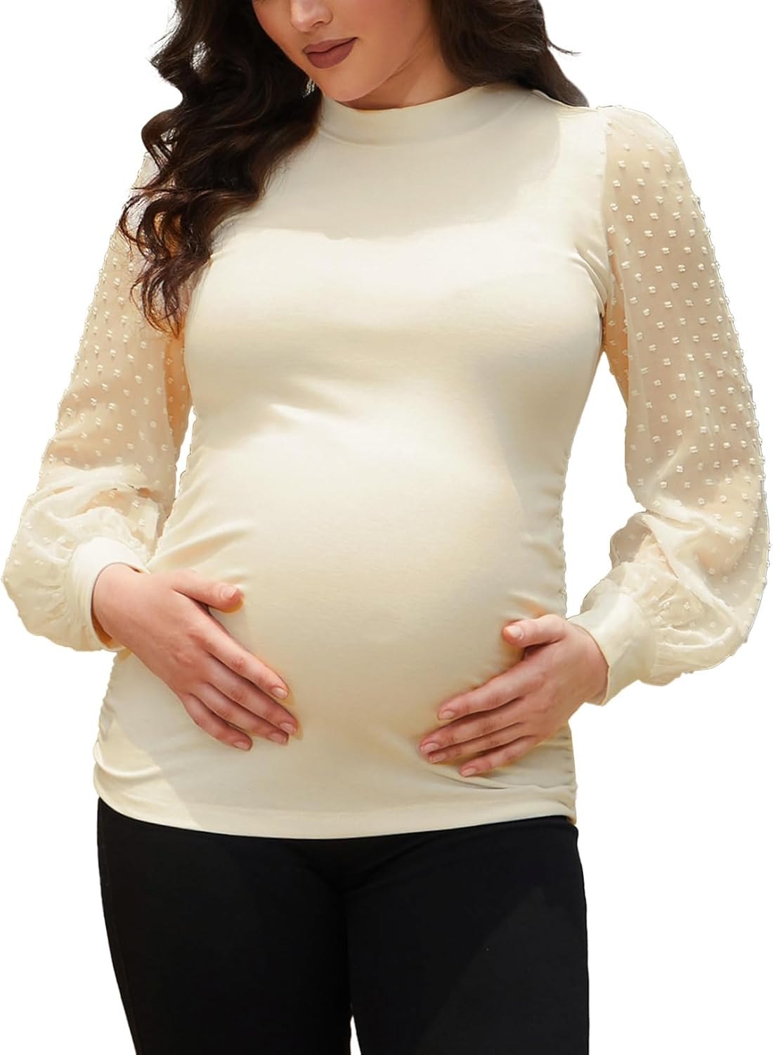 Bhome Mock Neck Maternity Shirt Ribbed Knit Maternity Blouse Mesh Long Sleeve Fitted Pregnant Top