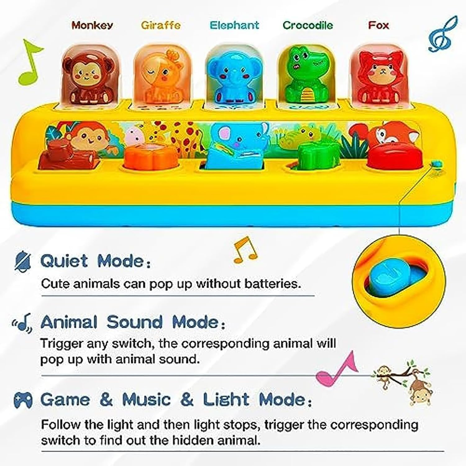 Interactive Pop up Animal Toys with Music & Light, Montessori Cause and Effect Toys for 1 Year Old Boy Girl Early Learning Musical Baby Toys 9-12-18 Months STEM Toddler Toys Age 1-2 Infant