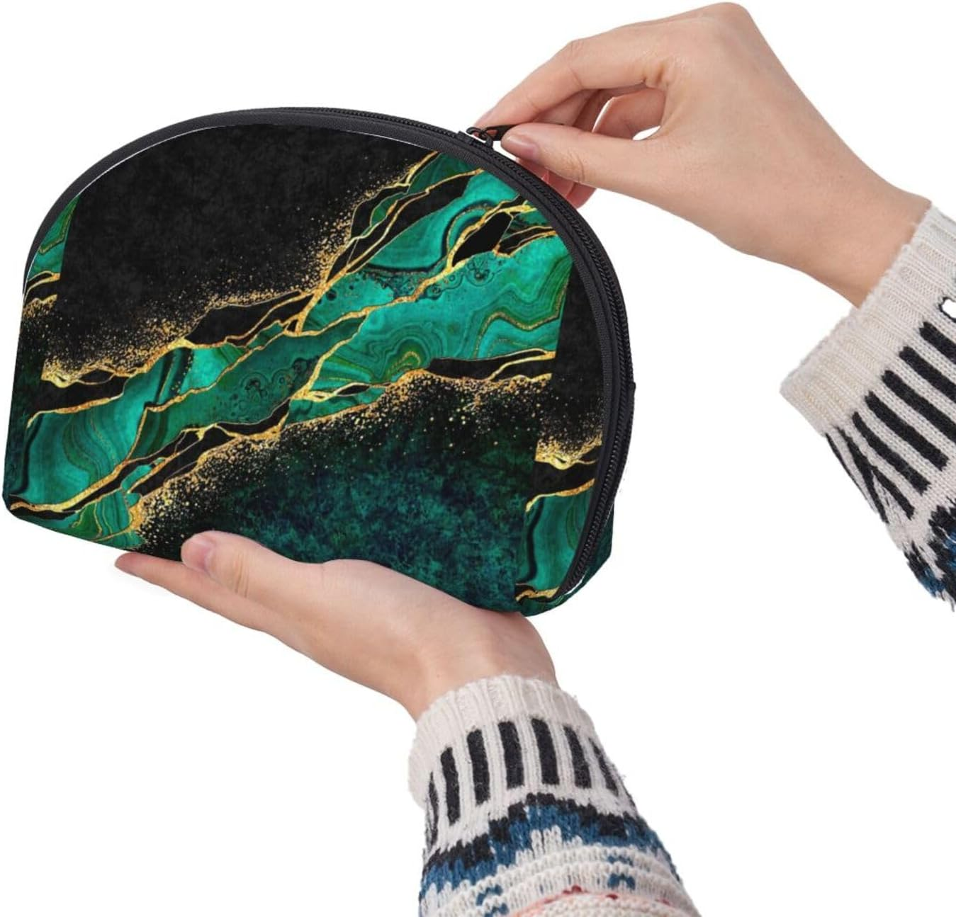 Cozimangoe Coin Pouch Makeup Bags Set, 2 Piece Shell Shape Cosmetic Bag with Pockets for Daily Travel Handbag Lipstick Keys Toiletry, Personalized Black Teal Marble & Malachite with Veins Gold Spots image number 6