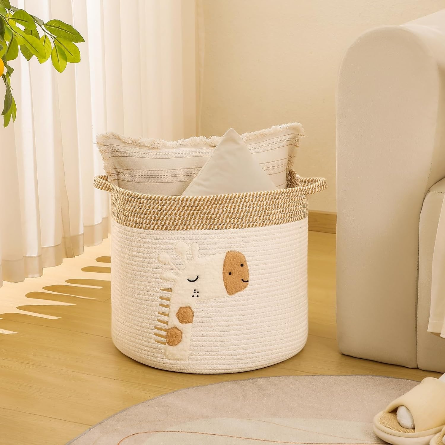 Large Blanket Baskets for Living Room Decor, Toy Storage Baskets Woven Cotton Rope Storage Basket for Kids, Dog Toys Organizer Clothes Hamper with Embroidery Decor for Nurserylaundry (Large, Giraffe) image number 4
