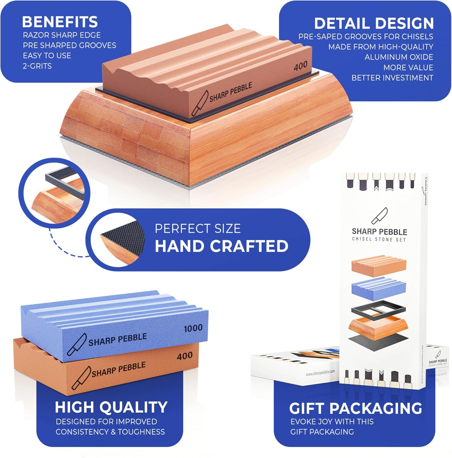 Sharp Pebble Whetstones Wood Carvers Sharpener-Dual Grit Sharpening Stones Grit 400 & 1000- Waterstone Sharpener for Woodworking, Wood Carving Tools, Chisels & Gouges with Non Slip Bamboo Base