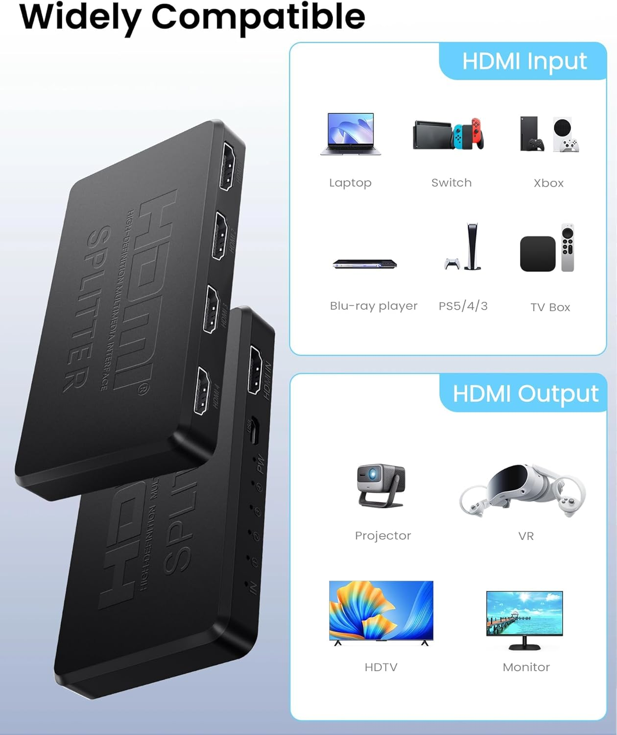 HDMI Splitter 1 in 4 Out【With 1M HDMI Cable 】 4K Splitter for Dual Monitors Mirror Only, 1X2 HDMI Splitter 1 to 2 Amplifier for Full HD 1080P 3D. image number 3