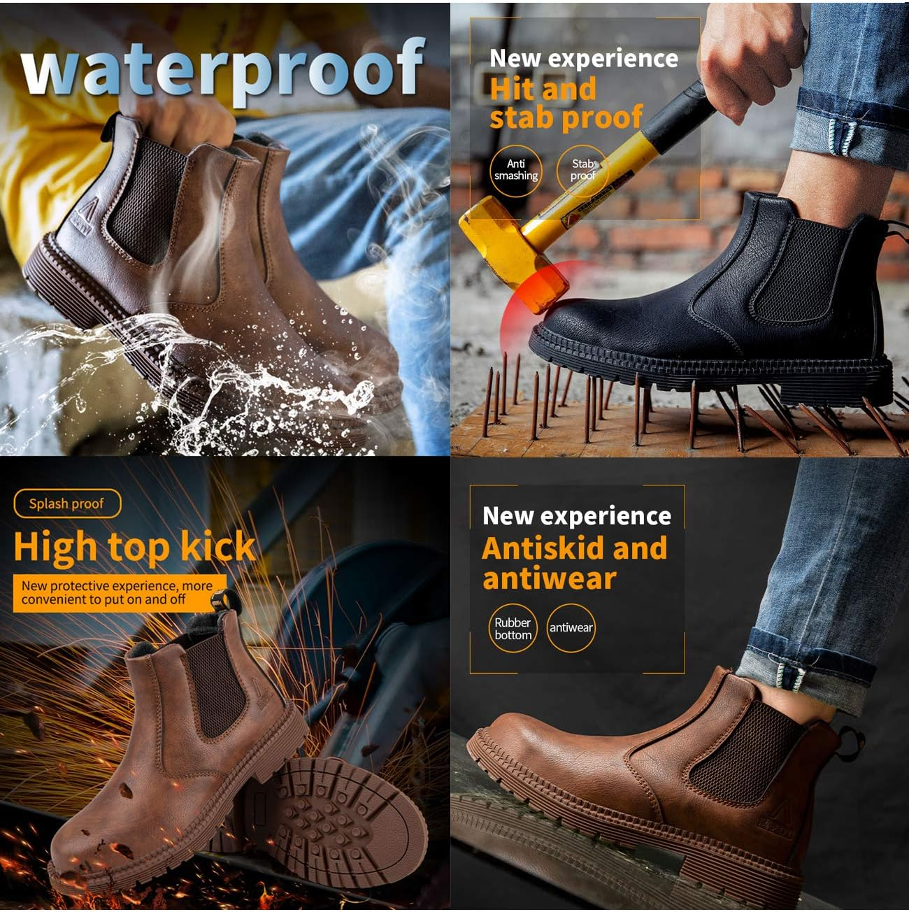 Letuwj Men'S Steel Toe Work Boots Slip on Breathable Quick Dry Safety Leather Indestructible Work Safety Shoes image number 5