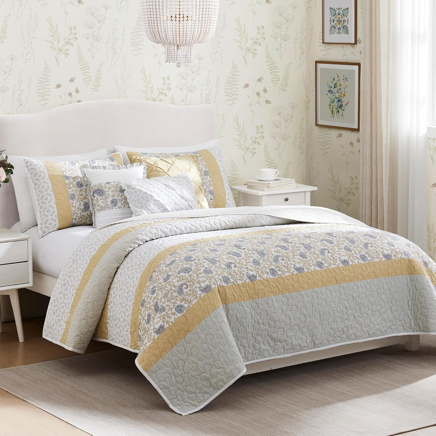 Madison Park Dawn 100% Cotton Quilt Set Floral Print, Double Sided Stitching, All Season, Lightweight Coverlet Bedding Layer, Matching Shams, King/Cal King, Blush 6 Piece