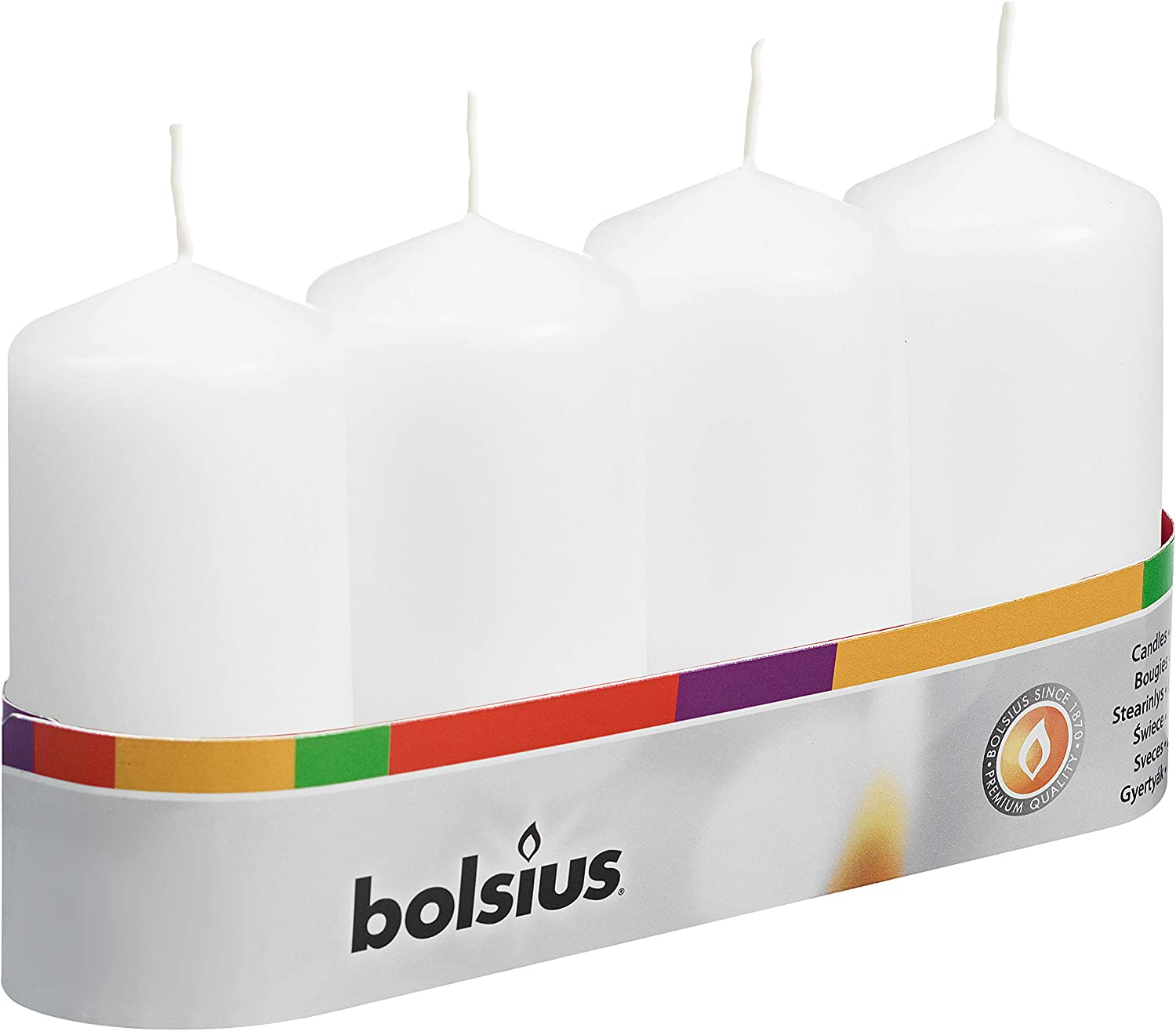 Bolsius Pillar Candles - White - Pack of 4 - Long Burning Time of 20 Hours - Household - Interior Decoration - Non Drip - Unscented - Easy to Relight - Paraffin Wax - 100 X 50 Mm