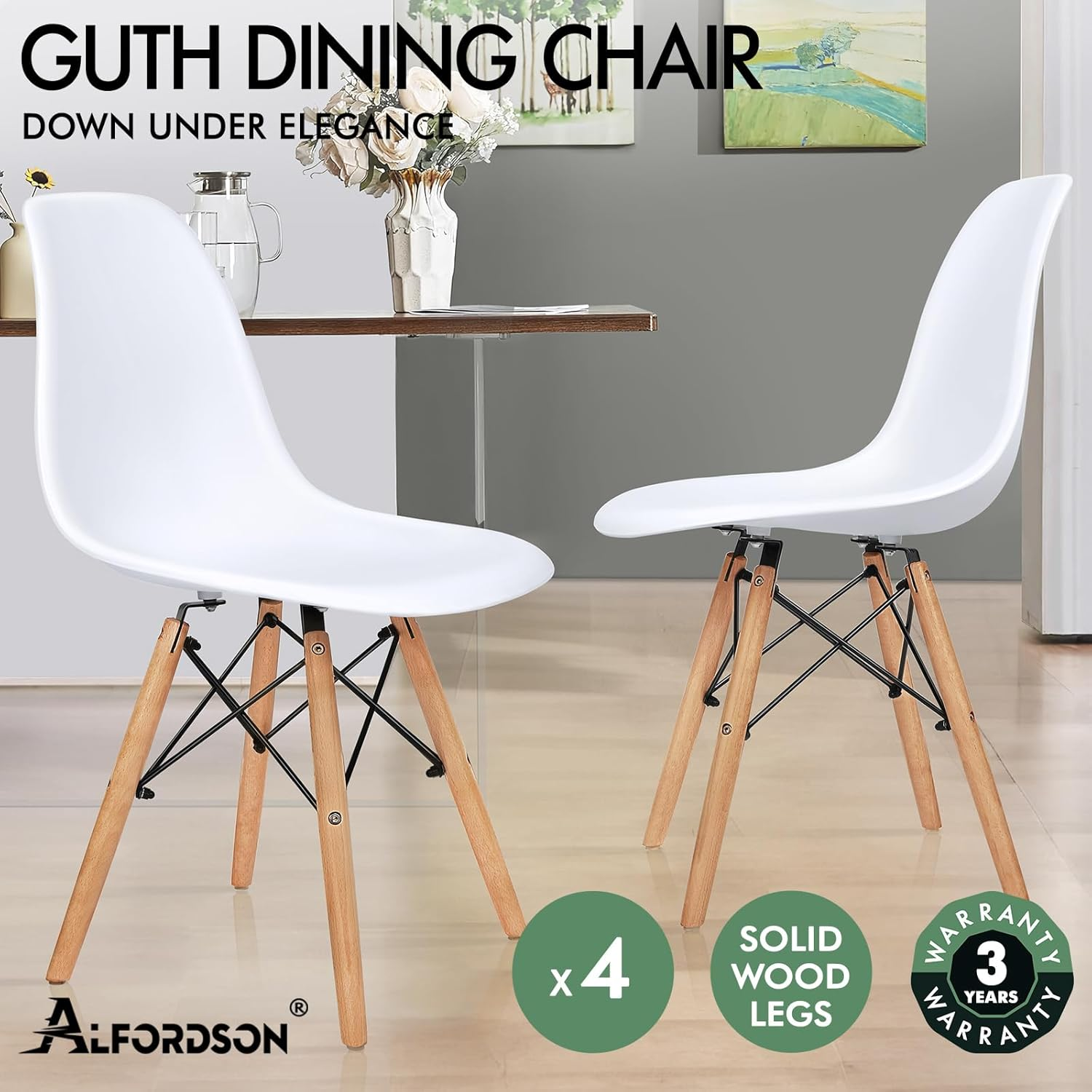 ALFORDSON Dining Chairs Set of 4 with Solid Wood Legs, Kitchen Chair with Floor Protector, EM Series Reading Seating for Home Cafe Coffee Table, Max 150Kg, White - Brown Pu Leather image number 7