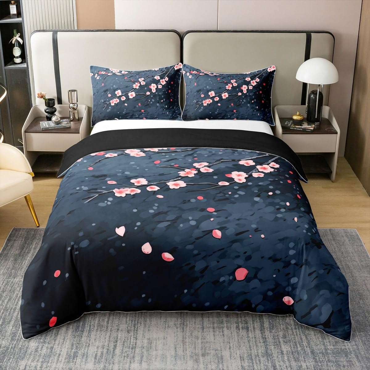 Homewish 100% Cotton Cherry Blossom Duvet Cover, Spring Elegant Flowers Butterfly Bed Linen Set 220 X 240 Cm for Girls Women Girls Japanese Style Bed Set, Botanical Flowers Duvet Cover, Pink Purple