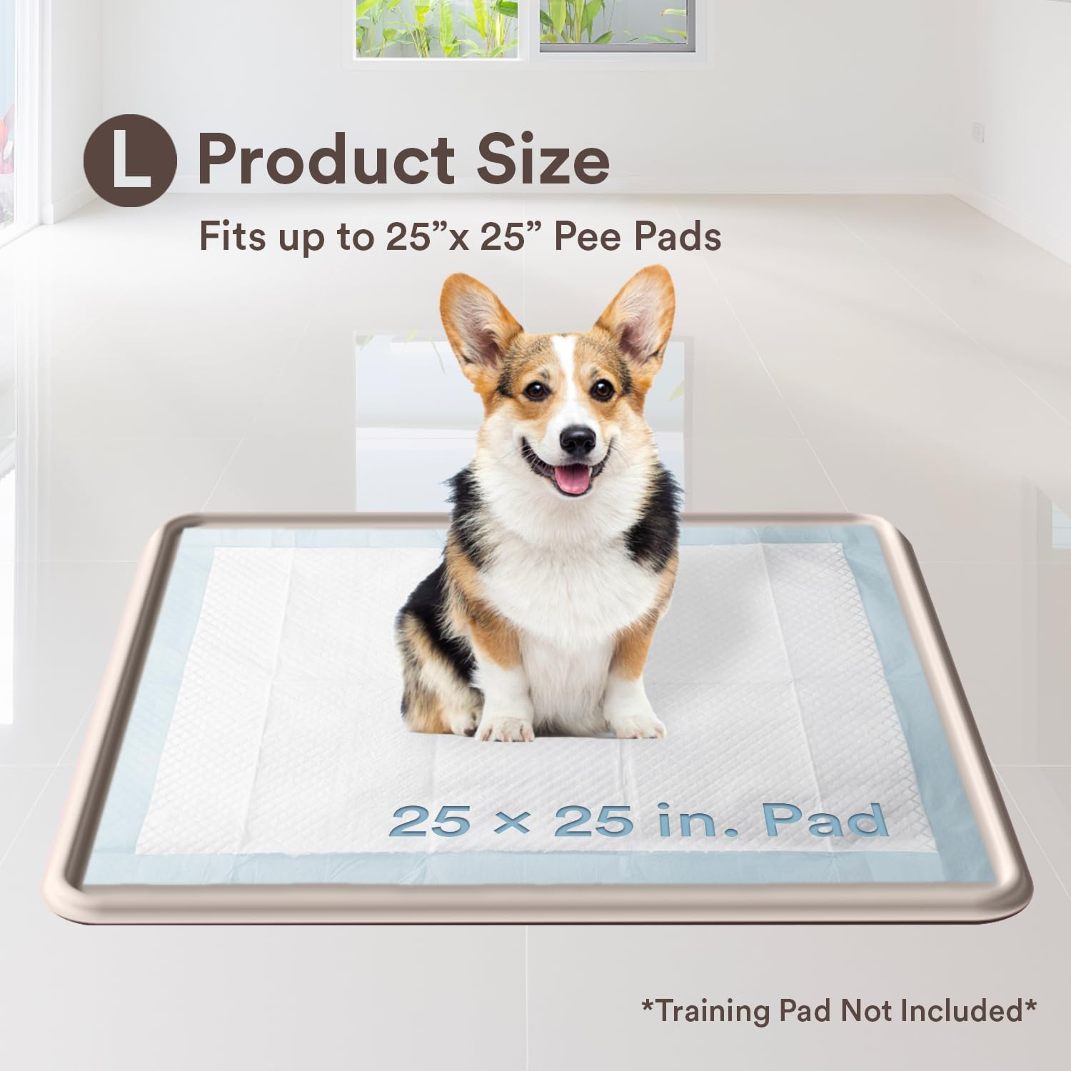 Pee Pad Tray Holder for Dogs - No Spill Raised Lip High Edge Silicone Mat, Extra Thick and Non-Slip for Indoor Floor Protection, Fits up to 25 X 25 In. Square Potty Training Pads (Large, Beige) | Eenk image number 5