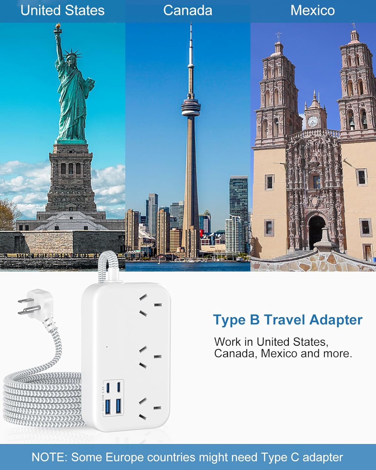 US Travel Adapter, AU to USA Plug Adapter with 3 Outlets 4 USB Ports (2 USB-C) Total Output 17W, Type B Outlet Converter for AU to America, Canada, Mexico