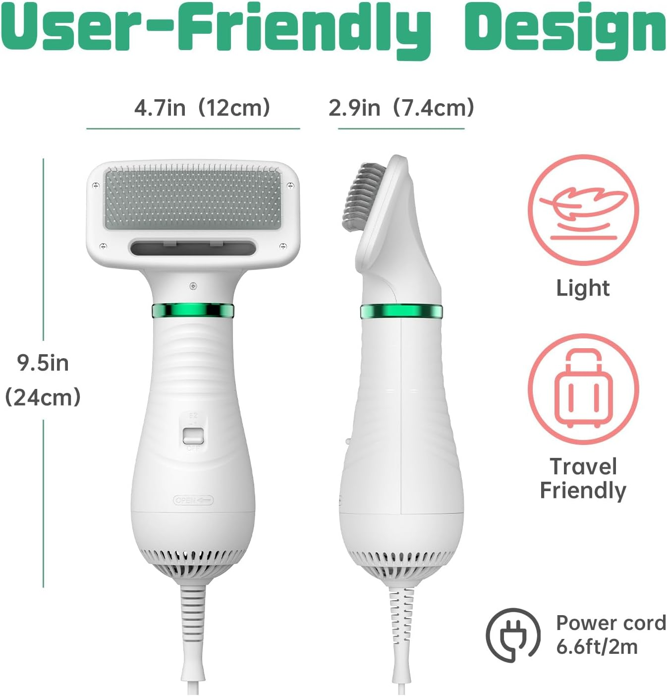 Dog Hair Dryer, 2-In-1 Dog Blow Dryer with Slicker Brush, 300W Pet Hair Dryer for Small and Medium-Sized Dogs and Cats, Dog Grooming Dryer Portable ＆ Adjustable Temperature