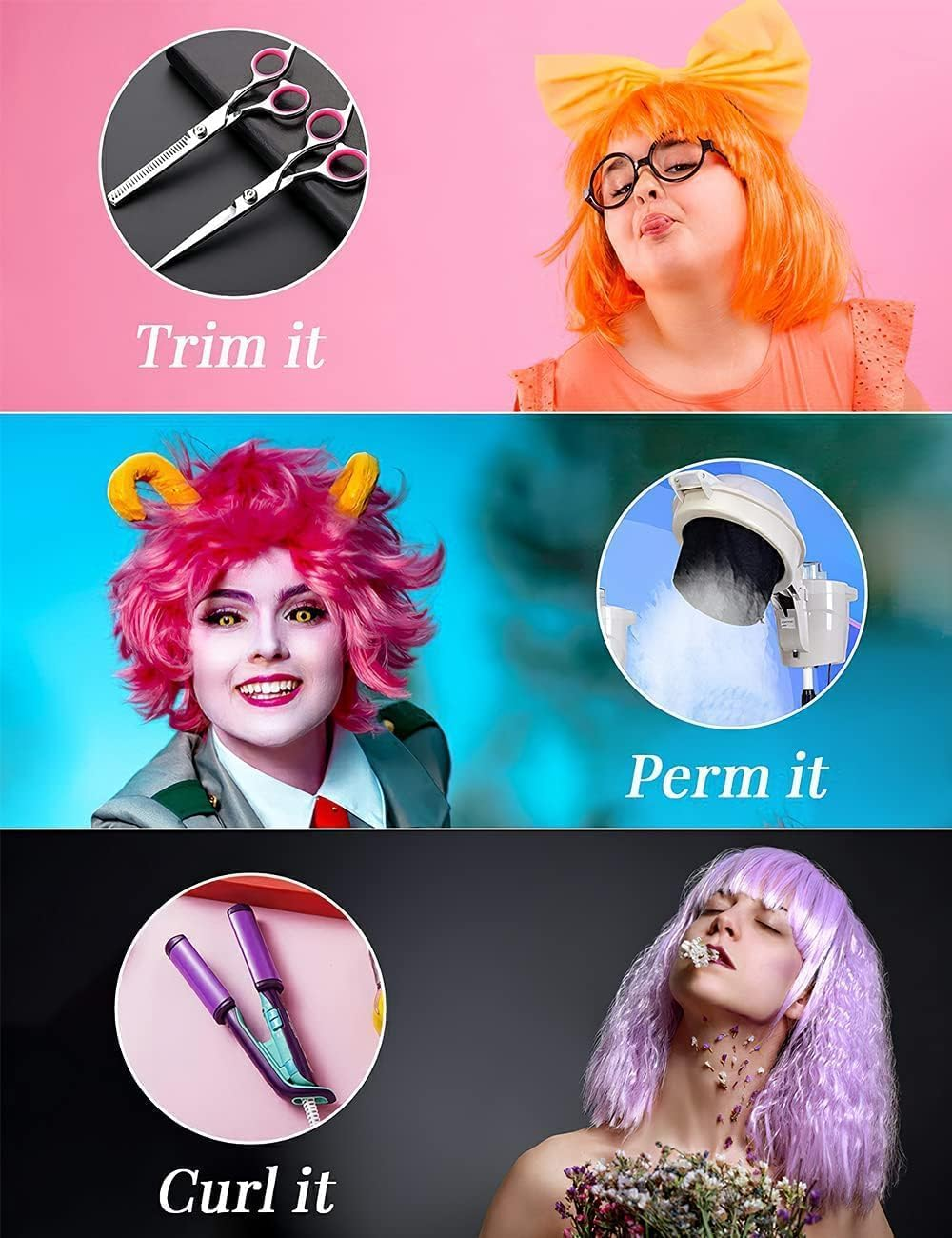 Wig and Party Sunglasses, Bob Wig with Bangs Light Pink Wigs for Women, Cosplay Party Wigs - Bachelorette Decorations Favors (Pink) - Red image number 4