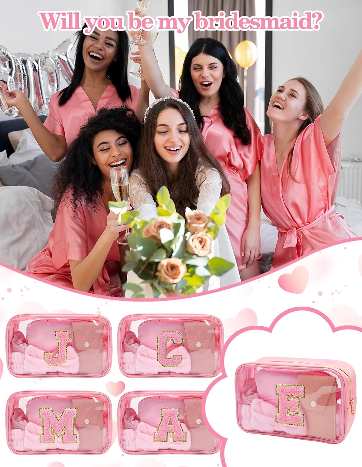 Gift Sets for Women, Initial Makeup Bag with Makeup Brush Set Bachelorette Party Favors, Pink Spa Kit with Skincare Headbands Wrist Bands Sleepover Party Supplies Gifts for Teen Girls Bridesmaid E image number 5