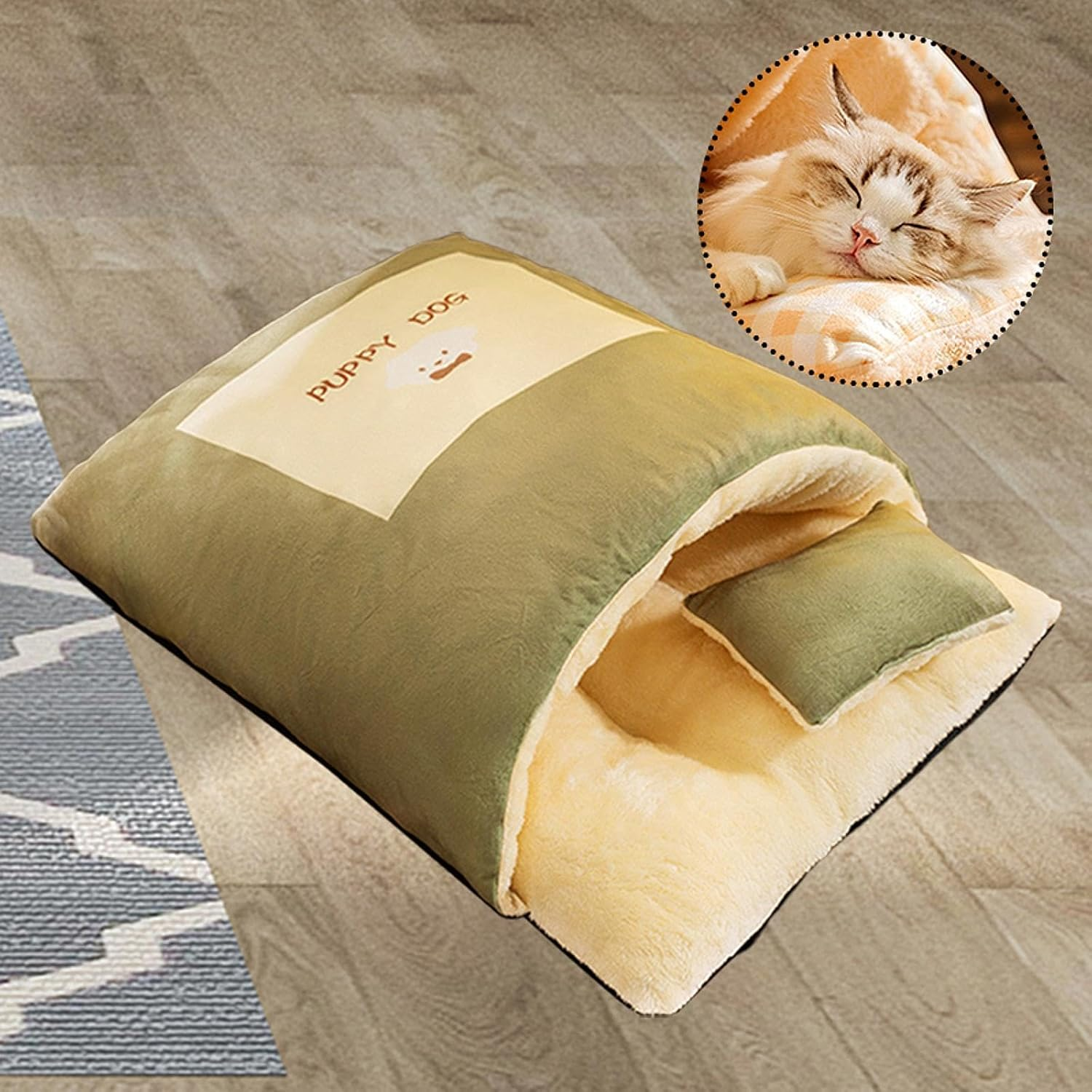 Fewnvwa Pet Bed Cat Sleeping Bag with Warm Pillow Semi-Enclosed Washable Puppy Small Dogs Bag Cave Cute Thermal Cushion For, L Green image number 4