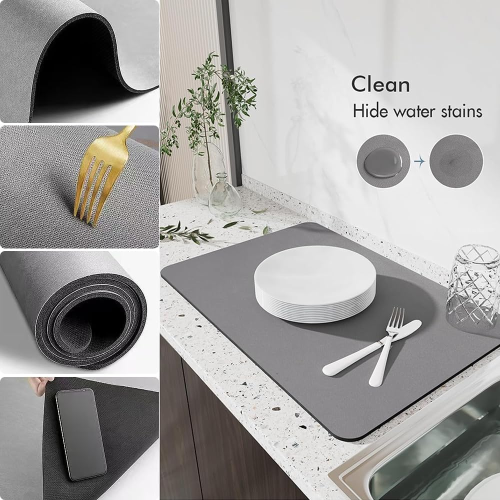 2 Pack Dish Drying Mat for Kitchen Counter &ndash; Super Absorbent, Heat Resistant with Non-Slip Rubber Back &ndash; Hide Stain, Easy to Clean, Coffee Machine, and Kitchen Draining (Grey, 40X60Cm) image number 6