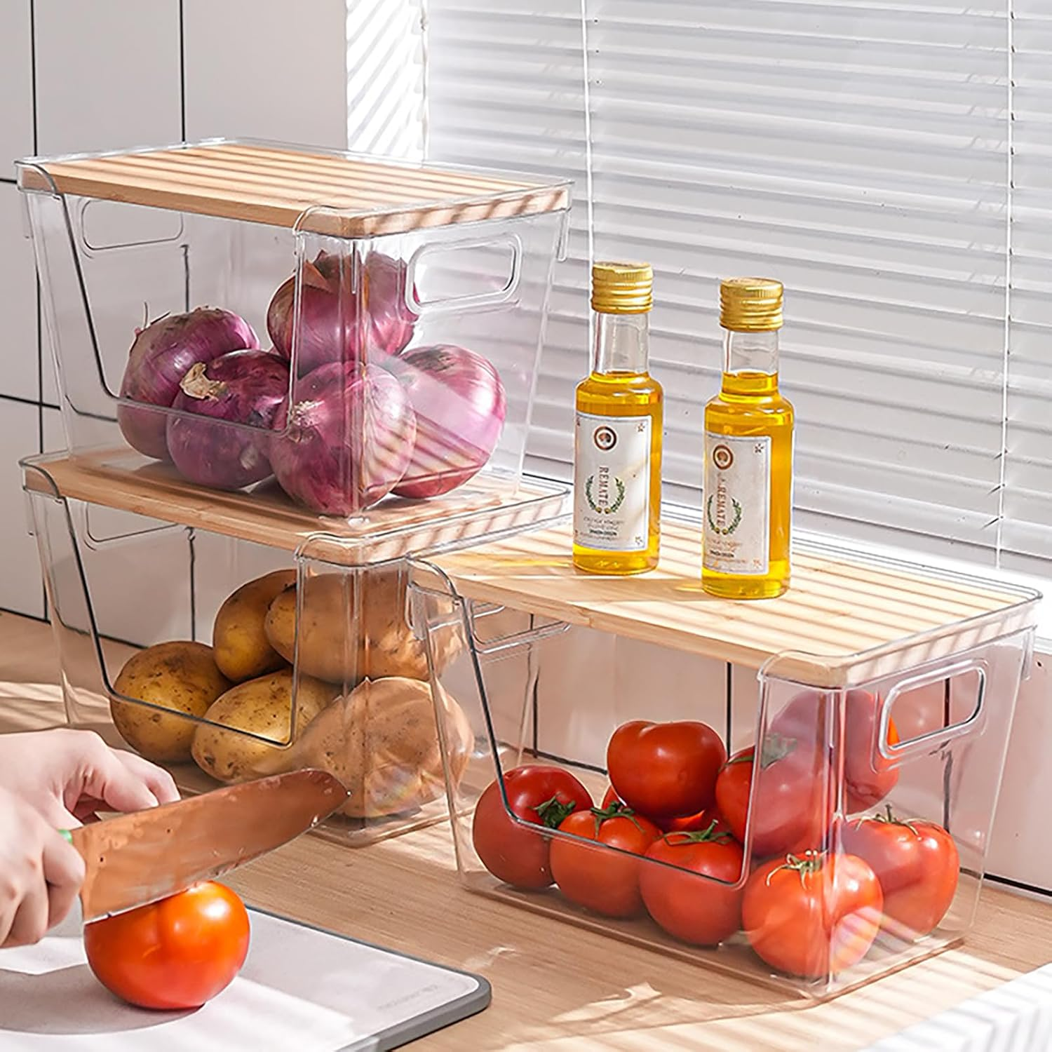 FORYUSE 2 Pack Clear Stackable Storage Containers Acrylic Open Front Storage Bins with Lid Handle for Kitchen Organiser Trash Bag Holder Dispenser image number 2