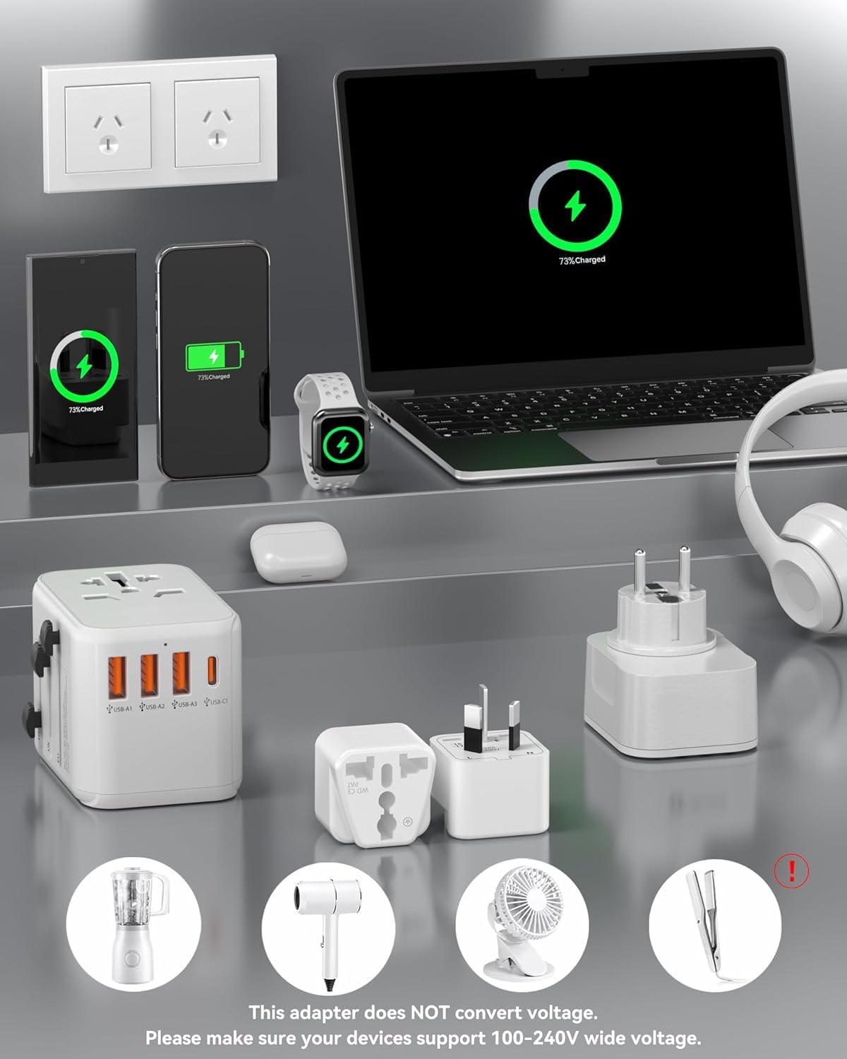 Universal Travel Adapter (4-Pack) - Japan/Us to Australian Power Adapters, Uk/Eu/India to AU Power Plug Adapter, 3 Pin Travel Adaptor Multiplug with Safety Grounded Pin, White image number 3