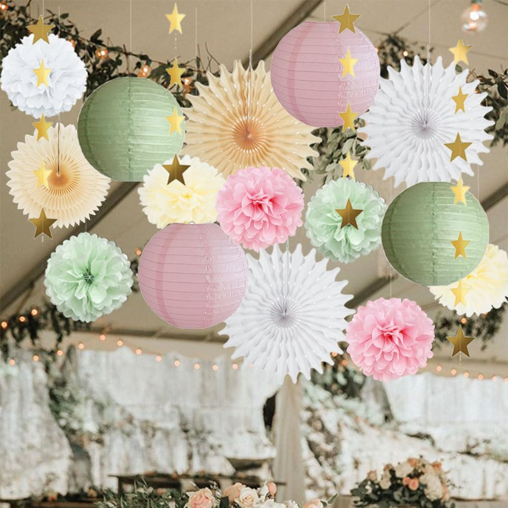 Sage Green Party Decorations Paper Lanterns Decorative Pink Tissue Paper Pom Poms Sage Green and Pink Party Decorations with Gold Star Garland for Baby Shower Bridal Shower Birthday Wedding image number 5