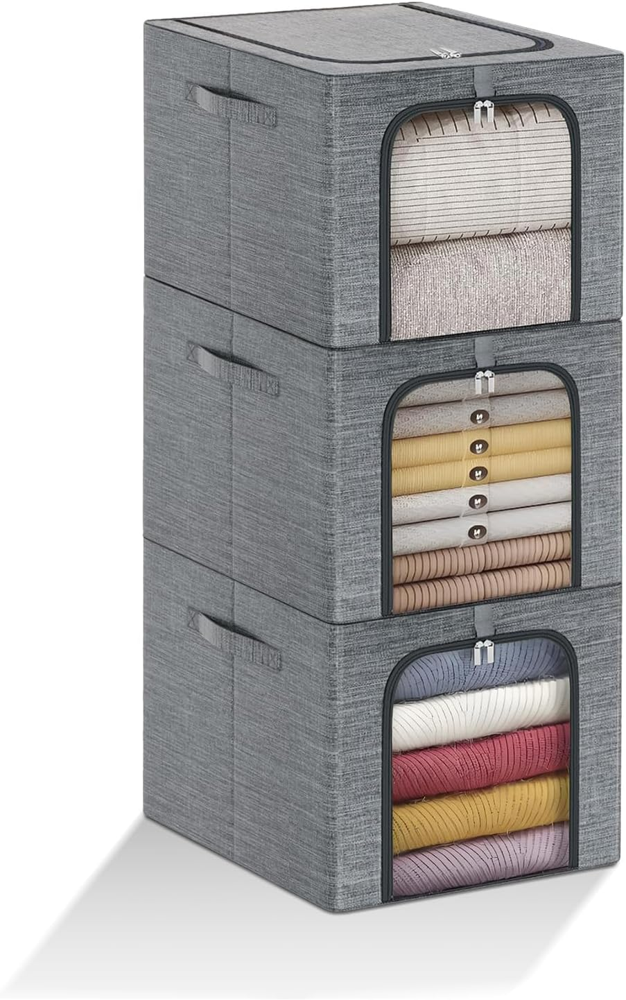49L Clothes Storage Bags, 3 Pack Foldable Storage Bins Box with Metal Frame, Thick Stackable Closet Organizers Container Set with Handles Clear Window Cotton Linen(Grey)