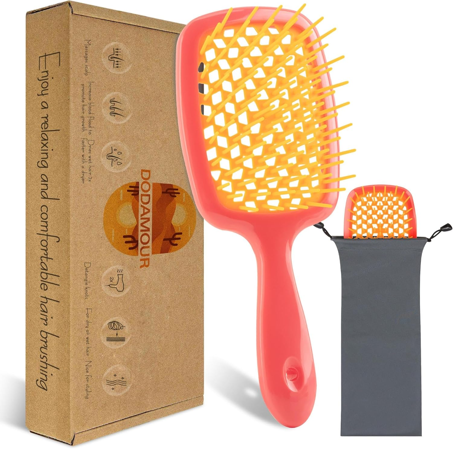 DODAMOUR Detangling Hair Brush, Vented Paddle Brush for Blow Drying and Scalp Massage, Square Scalp Massage Comb Ideal for Wet & Dry Hair, Suitable for Men and Women (Coral) image number 3