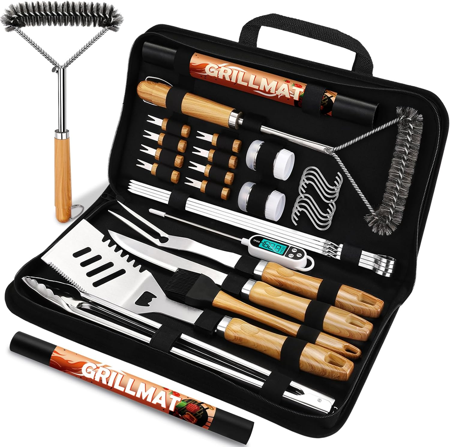 31Pcs BBQ Grill Accessories Set for Men Dad, Heavy Duty Grilling Tools Gifts for Fathers Day, Stainless Steel BBQ Utensils Kit with Mats, Grill Brush in Carrying Bag Brown