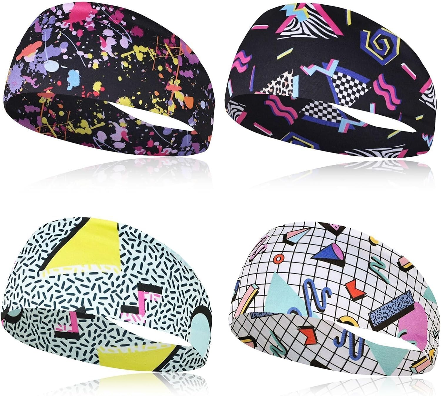 4 Pcs Neon 80S/90S Retro Headbands for Women and Men Wide Vintage Fashion Sweatbands for Travel, Hiking, Running
