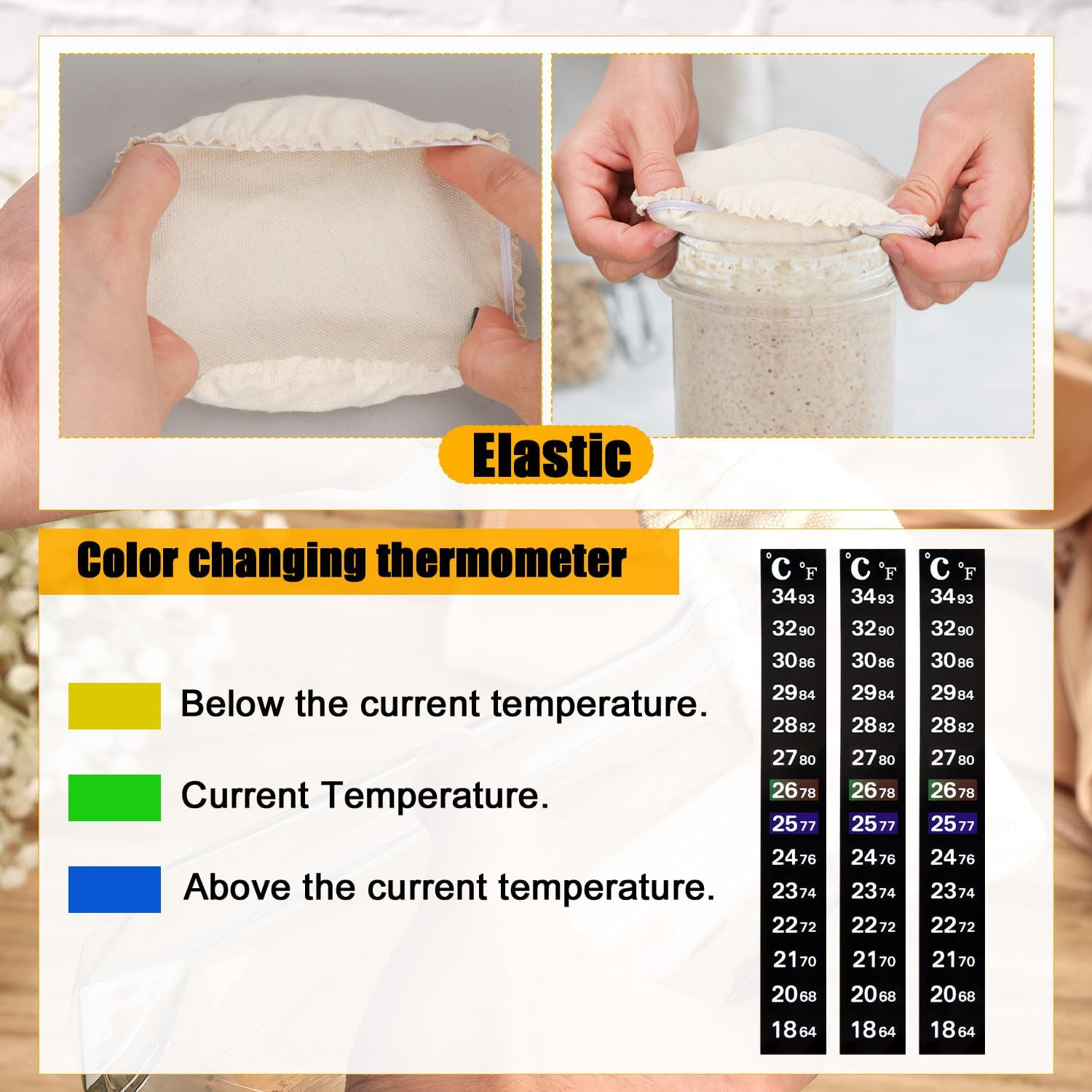 3 Sets Replacement Sourdough Starter Set for Jars, Including Fabrics Sourdough Jar Lid and Thermometer Strips Bread Rice Lid for 7.5-10.2Cm Potmond Baking Supplies for Bread Fermentation image number 5