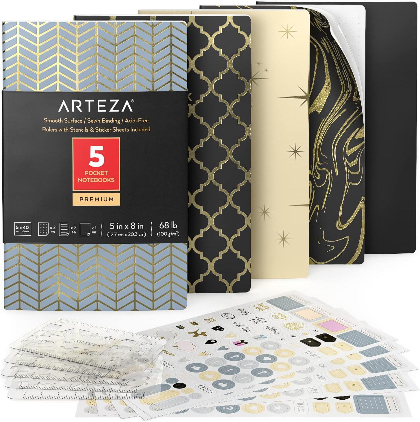Arteza Pocket Notebooks, Set of 5, 5 X 8 Inches, 40 Sheets Each, Butterfly Designs, 2 Dotted, 2 Ruled, and 1 Blank Softcover Journal with Smooth Paper, Art Supplies for Writing and Sketching