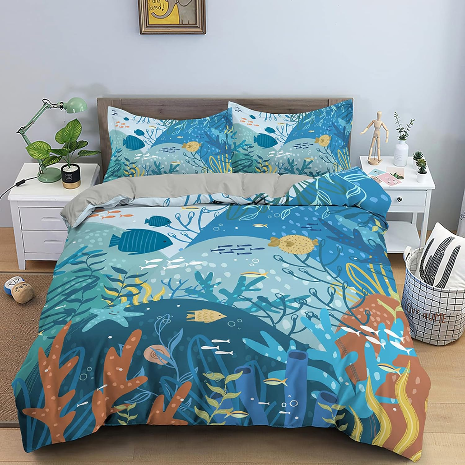Cartoon Bedding Set Sea Animals Duvet Cover Set Underwater World Quilt Cover with Pillowcases Home Textile for Kids,Color 03,Single(140X210Cm)