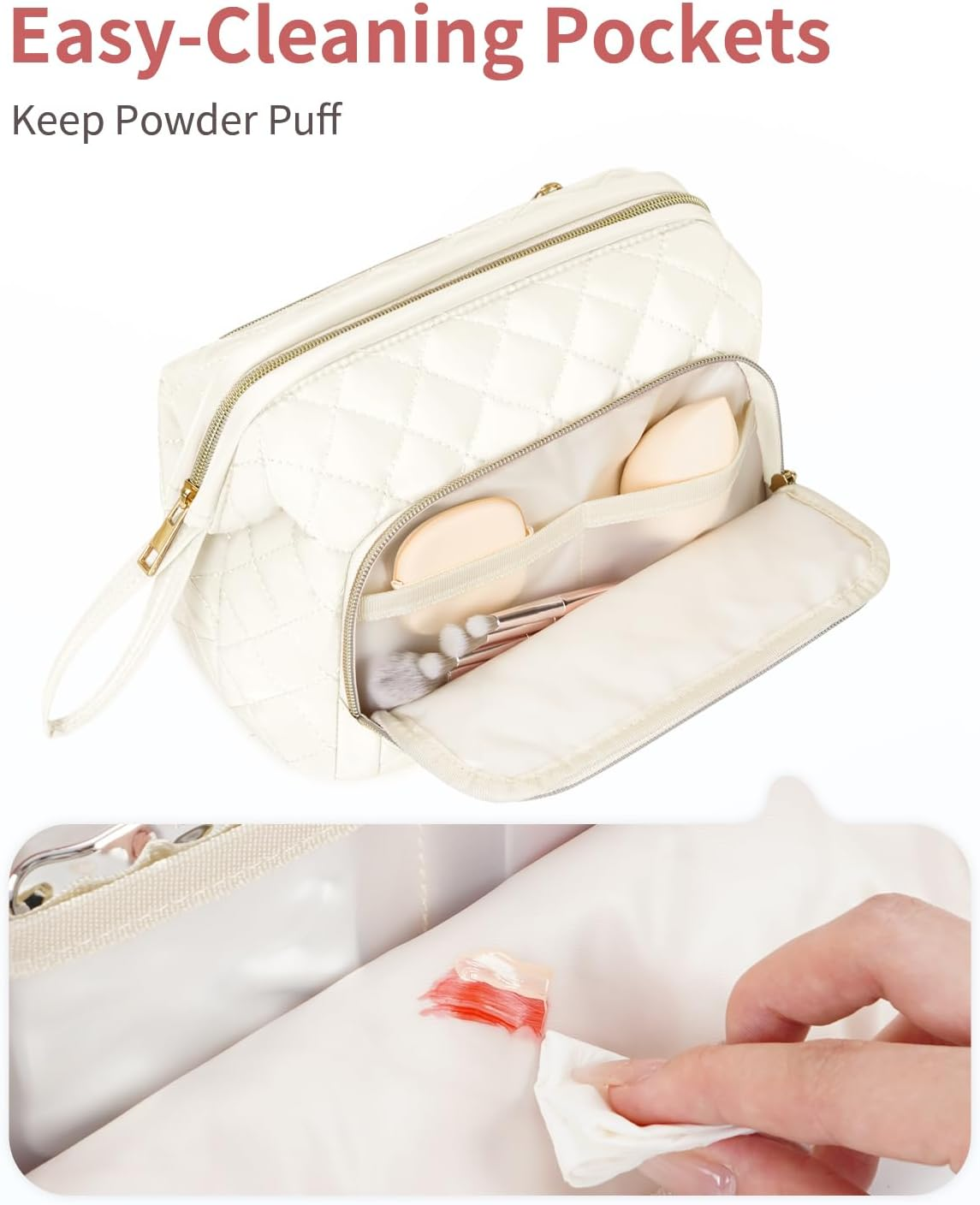 Wandering Nature Makeup Bag, Travel Make up Case, Makeup Organizer Bag with Handle, Back Pocket, (Beige) Patent Pending