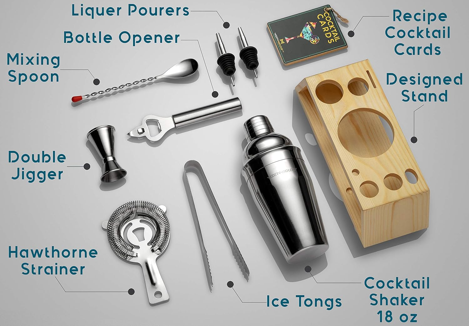 Mixology & Craft Cocktail Shaker Set - Bartender Kit W/Bamboo Stand - Bar Set Includes Martini Shaker, Jigger, Strainer, Tongs, Bar Mixer Spoon, Bottle Opener - Drink Mixing Bar Tools image number 2