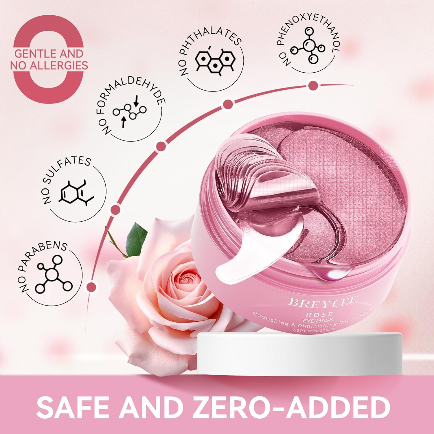 BREYLEE Pink Rose Eye Mask&ndash; 60 Pcs - Puffy Eyes and Dark Circles Treatments &ndash; Look Younger and Reduce Wrinkles and Fine Lines Undereye, Improve and Firm Eye Skin - Pure Natural Material image number 5