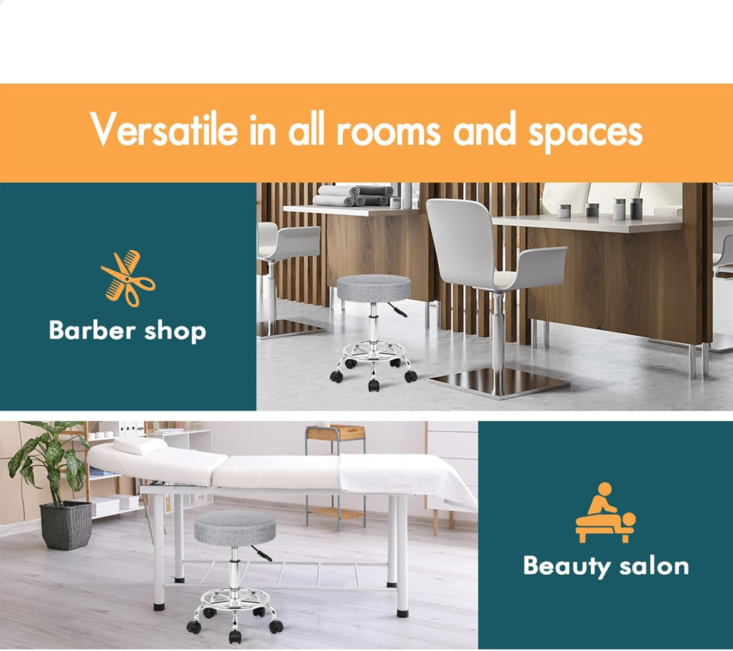 ALFORDSON Salon Stool Kori round Swivel Drafting Rolling Stools in 51.5-68.5Cm Height Adjustable Fabric Spa Stool with Footrest Wheels Backless Hair Dress Barber Chair for SPA Massage Light Grey image number 2