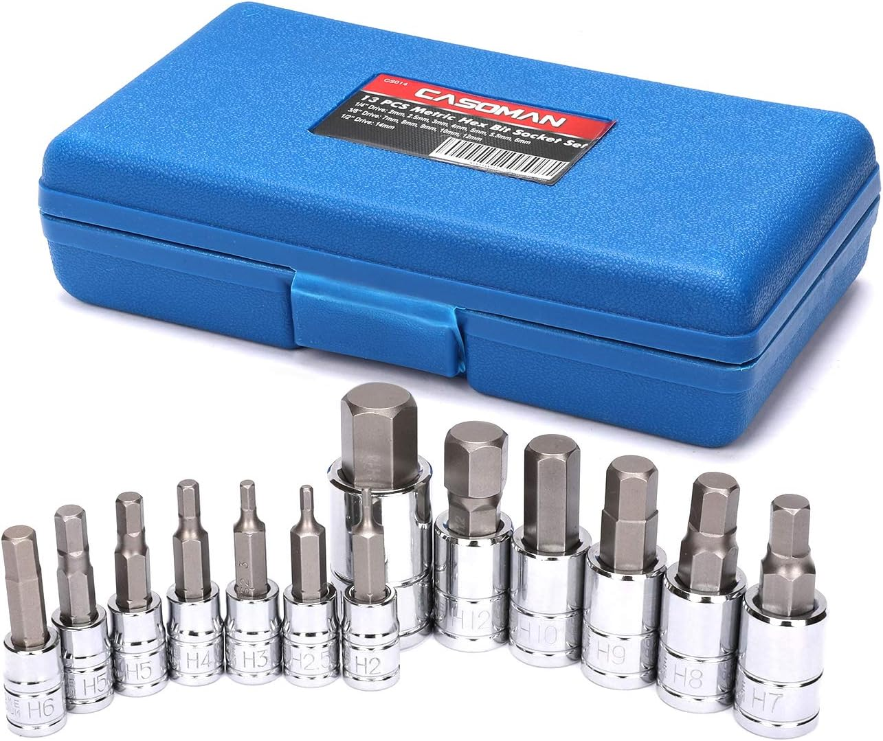 CASOMAN 13 Piece Hex Bit Socket Set, S2 Steel Bit Socket Tool Kit, Metric, 2Mm - 14Mm, Allen Bit Socket Kit