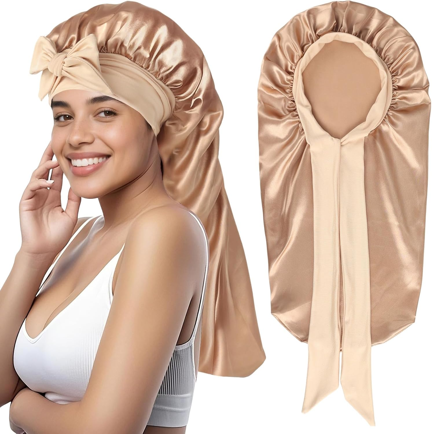 Long Satin Hair Bonnet, Adjustable Silk Bonnet for Women