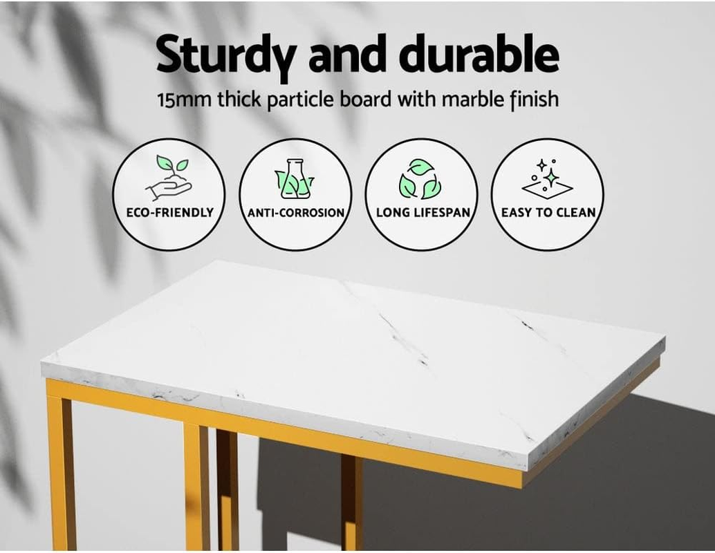 Artiss Coffee Table Marble Effect round Sofa Side Bedside Tables Laptop Desk, Home Furniture Living Room Office Wooden Rectangular End Golden Metal Frame Particle Board Simple Assembly image number 4
