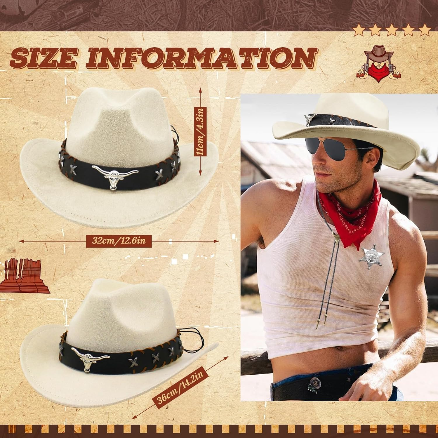 7-Piece Western Cowboy Costume Set, Cowboy Accessory Kit with Cowboy Hat, Sunglasses, Paisley Bandanas, Necklace, Badge, Bracelet for Men, Women, Halloween, Carnival Parties & Western Party image number 6