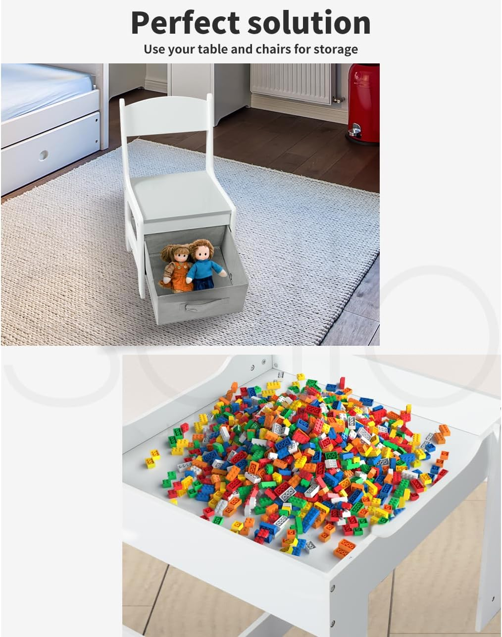 Bopeep Kids Table and Chair Set Storage Box Toys Play Activity Desk Wooden Study Toddler Double-Sided Chalkboard Detachable Tabletop 3 in 1 Wood Arts (1 Table+ 2 Chairs, Grey) image number 3