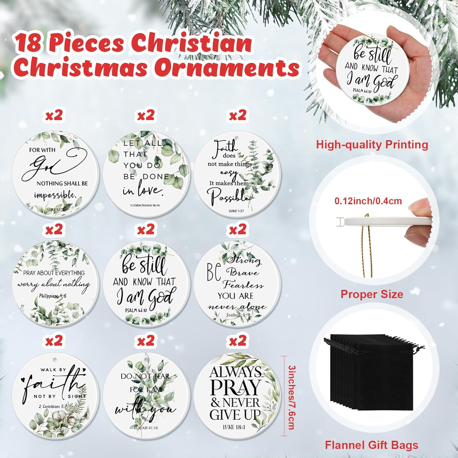 Fumete 18 Pcs Christmas Double Sided Printing Religious Ornaments Bulk Christian Ceramic Hanging Ornaments Bible Verse Inspirational Quote Botanical Plant Green Leaves round Flat Decor Church Gift image number 4