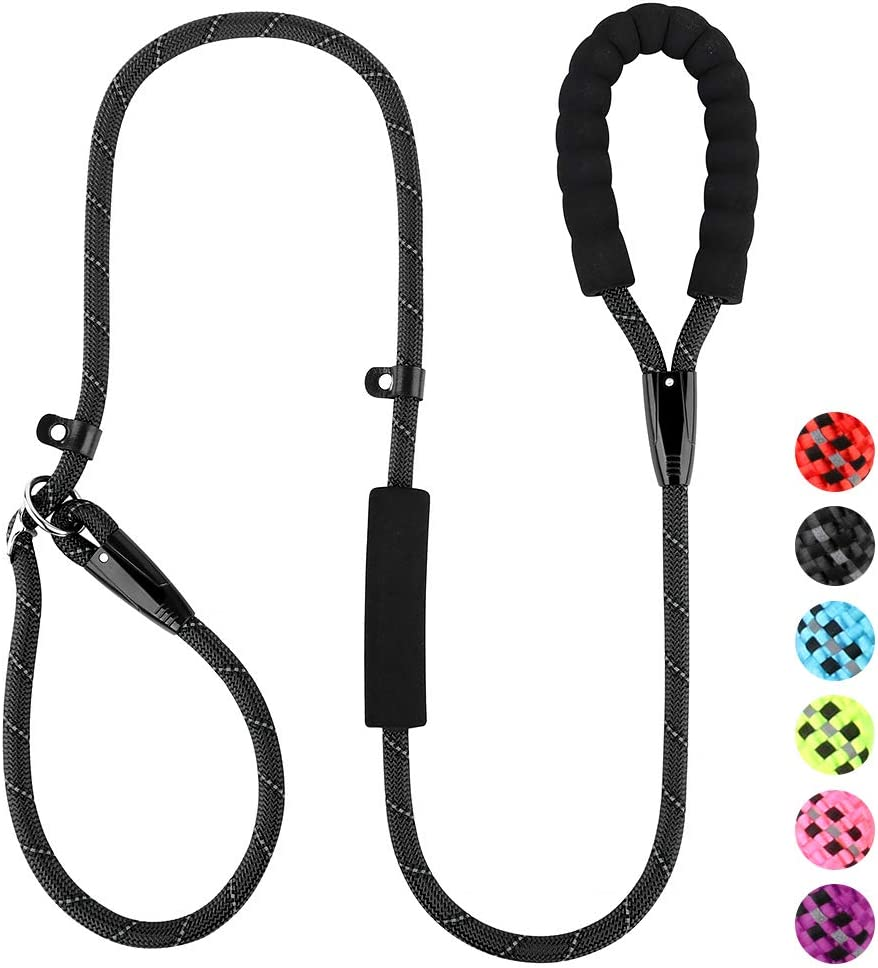 PLUTUS PET Slip Lead Dog Leash - Anti-Choking with Traffic Padded Two Handles, Reflective Strong Sturdy Heavy Duty Rope, 6FT Training for Medium Large Dogs, 6' Black